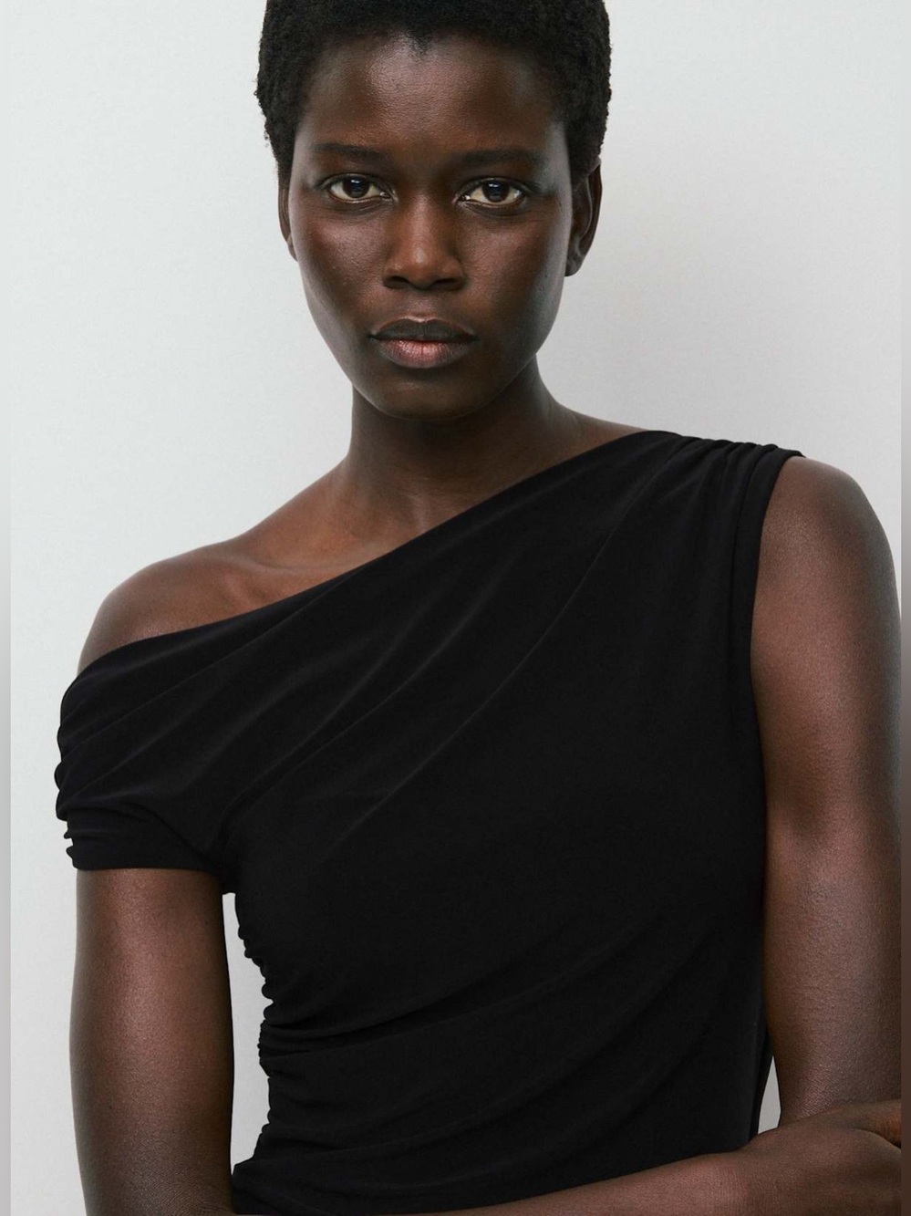 Babaton Dark Brown Off-Shoulder Draped Top
